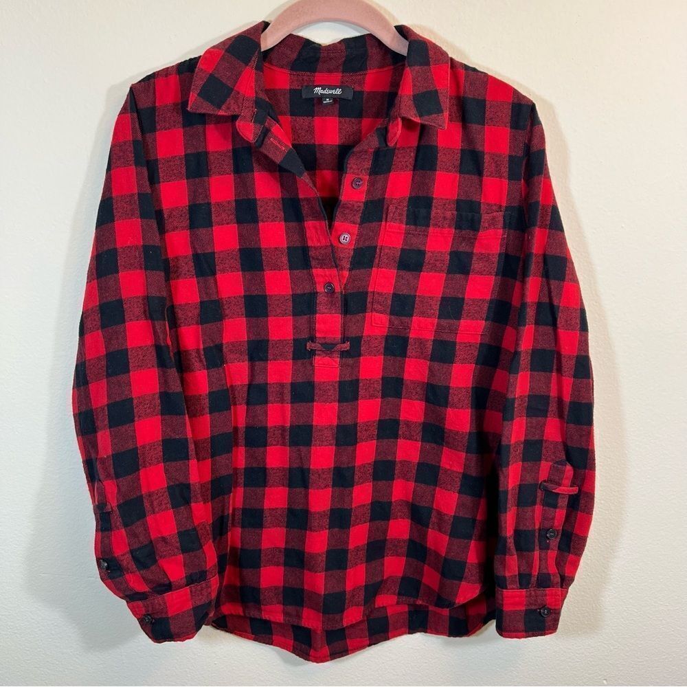 ✨ Madewell Women’s Red Black Buffalo Plaid Collared Long Sleeve Shirt Medium
